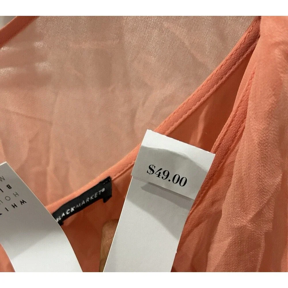 White House Black Market Womens L‎ Convertible SL V Neck Blouse Coral Sheer NWT